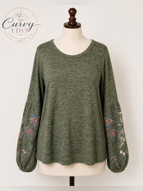 Olive Green Floral Embroidered Sleeve Top Time & Tru XXL Boho Balloon Sleeves